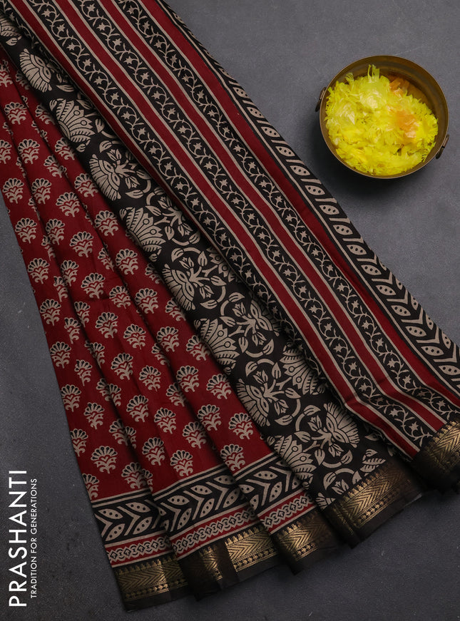 Semi maheshwari cotton saree maroon and black with allover butta prints and zari woven border