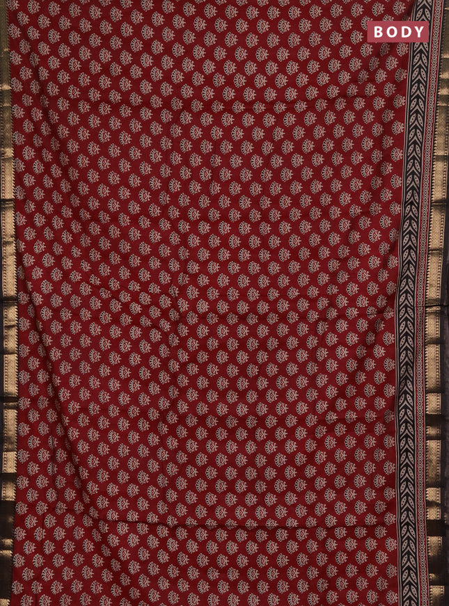 Semi maheshwari cotton saree maroon and black with allover butta prints and zari woven border