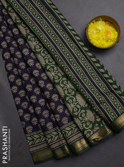 Semi maheshwari cotton saree navy blue and sap green with allover butta prints and zari woven border
