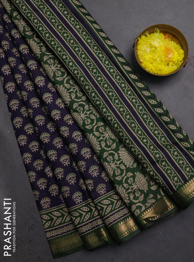 Semi maheshwari cotton saree navy blue and sap green with allover butta prints and zari woven border