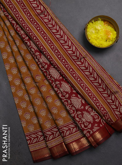 Semi maheshwari cotton saree mustard yellow and maroon with allover butta prints and zari woven border