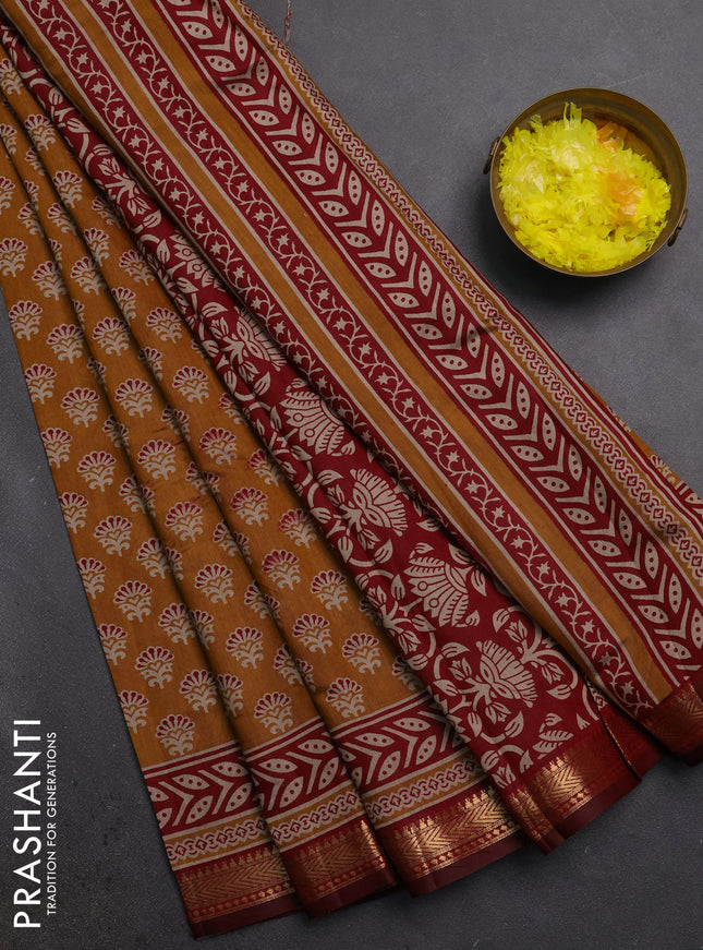 Semi maheshwari cotton saree mustard yellow and maroon with allover butta prints and zari woven border