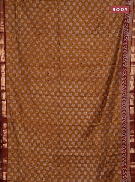 Semi maheshwari cotton saree mustard yellow and maroon with allover butta prints and zari woven border
