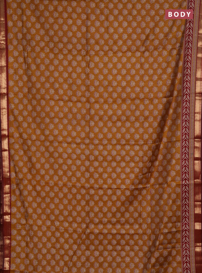 Semi maheshwari cotton saree mustard yellow and maroon with allover butta prints and zari woven border