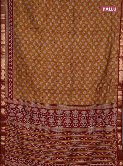 Semi maheshwari cotton saree mustard yellow and maroon with allover butta prints and zari woven border