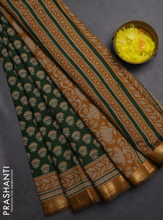 Semi maheshwari cotton saree sap green and mustard yellow with allover butta prints and zari woven border