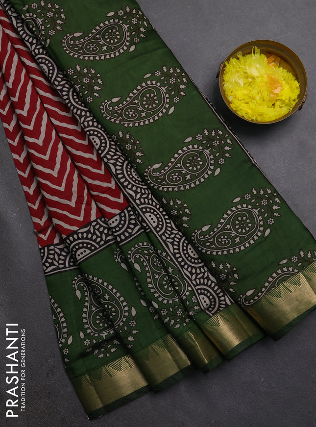 Semi maheshwari cotton saree maroon and sap green with allover zigzag prints and zari woven border