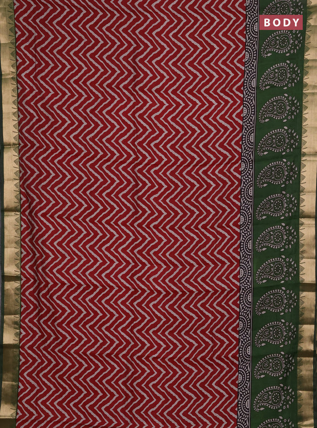 Semi maheshwari cotton saree maroon and sap green with allover zigzag prints and zari woven border