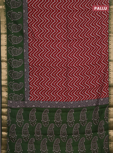 Semi maheshwari cotton saree maroon and sap green with allover zigzag prints and zari woven border