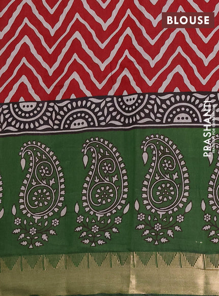 Semi maheshwari cotton saree maroon and sap green with allover zigzag prints and zari woven border