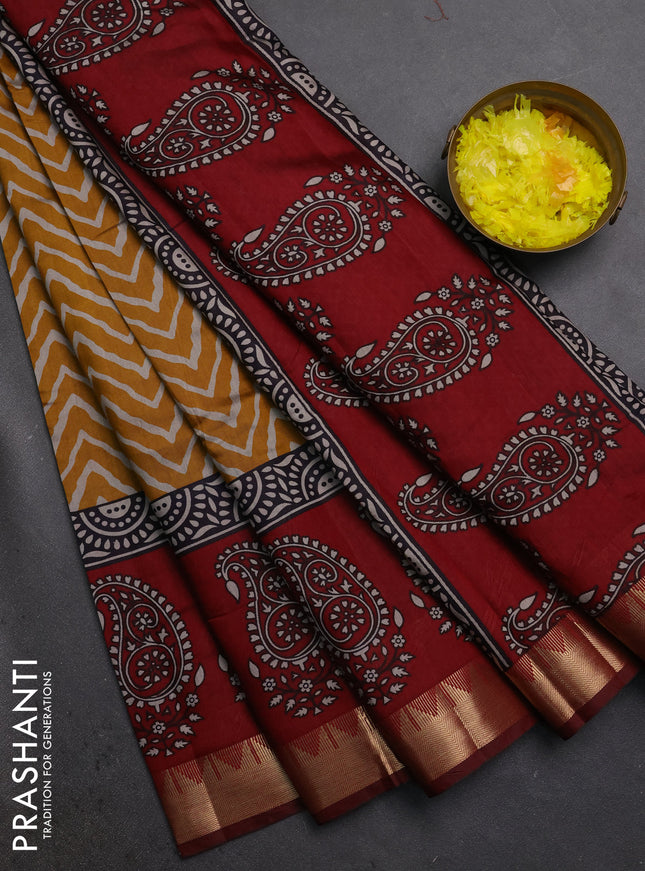 Semi maheshwari cotton saree mustard yellow and maroon with allover zigzag prints and zari woven border