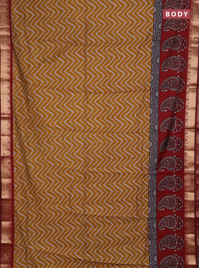 Semi maheshwari cotton saree mustard yellow and maroon with allover zigzag prints and zari woven border