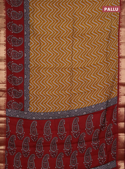 Semi maheshwari cotton saree mustard yellow and maroon with allover zigzag prints and zari woven border