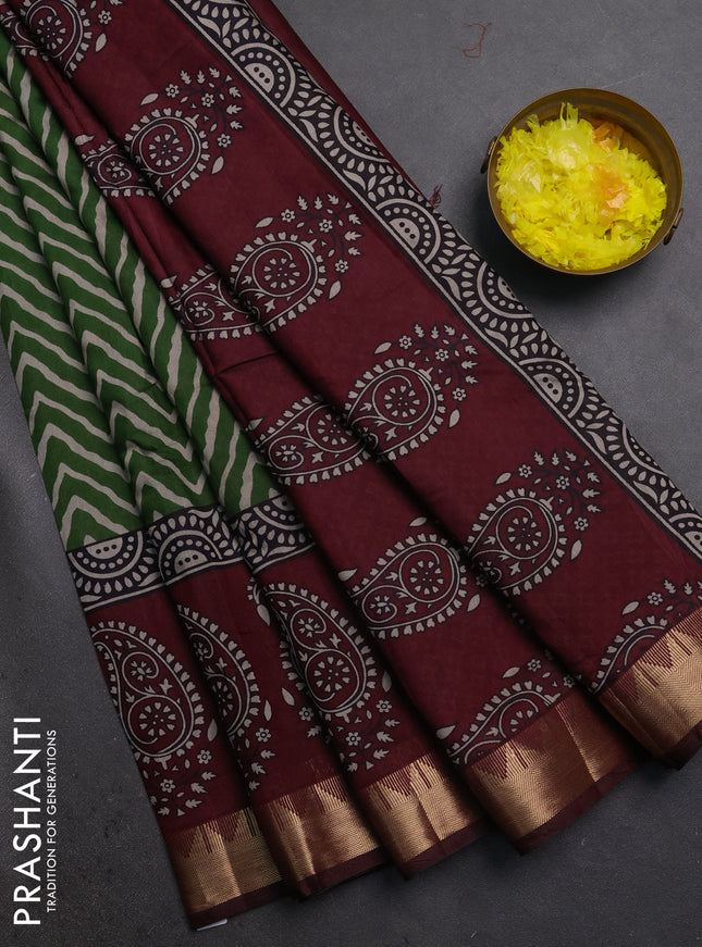 Semi maheshwari cotton saree green and maroon with allover zigzag prints and zari woven border