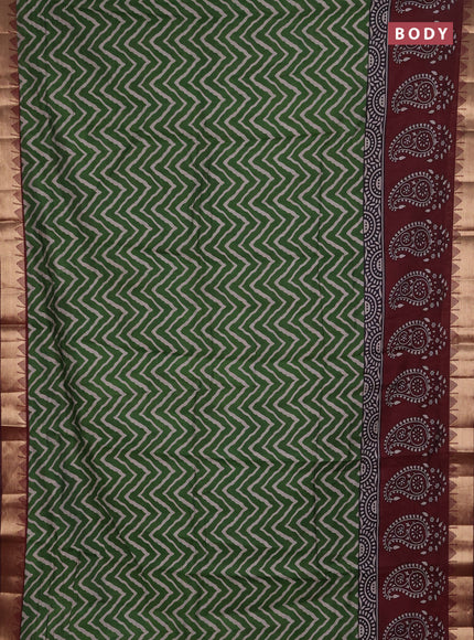 Semi maheshwari cotton saree green and maroon with allover zigzag prints and zari woven border