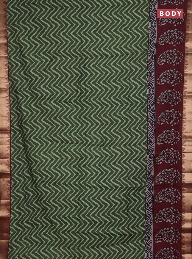 Semi maheshwari cotton saree green and maroon with allover zigzag prints and zari woven border