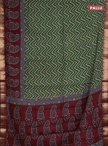 Semi maheshwari cotton saree green and maroon with allover zigzag prints and zari woven border