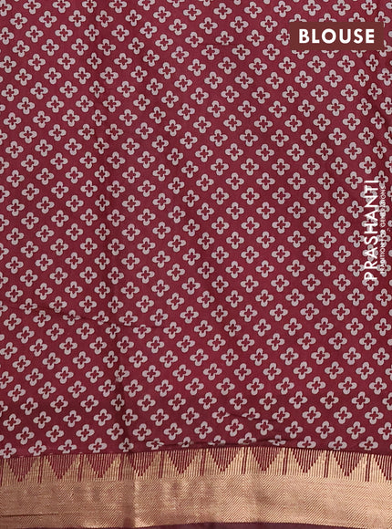 Semi maheshwari cotton saree green and maroon with allover zigzag prints and zari woven border