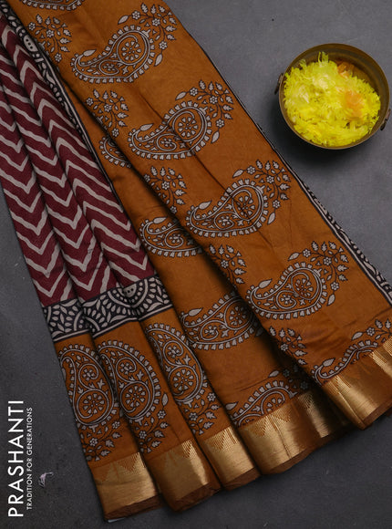 Semi maheshwari cotton saree wine shade and mustard yellow with allover zigzag prints and zari woven border