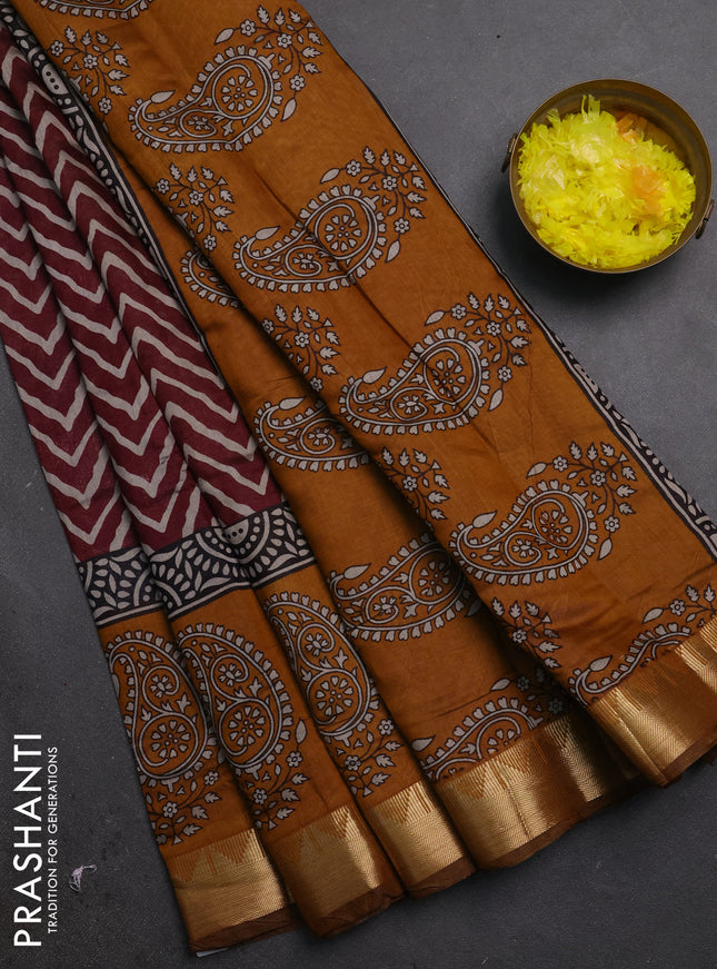 Semi maheshwari cotton saree wine shade and mustard yellow with allover zigzag prints and zari woven border