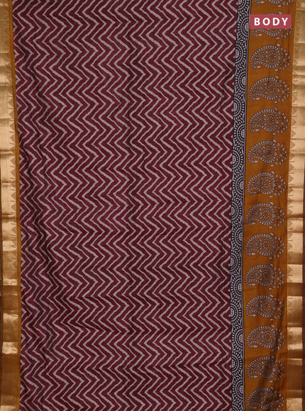 Semi maheshwari cotton saree wine shade and mustard yellow with allover zigzag prints and zari woven border