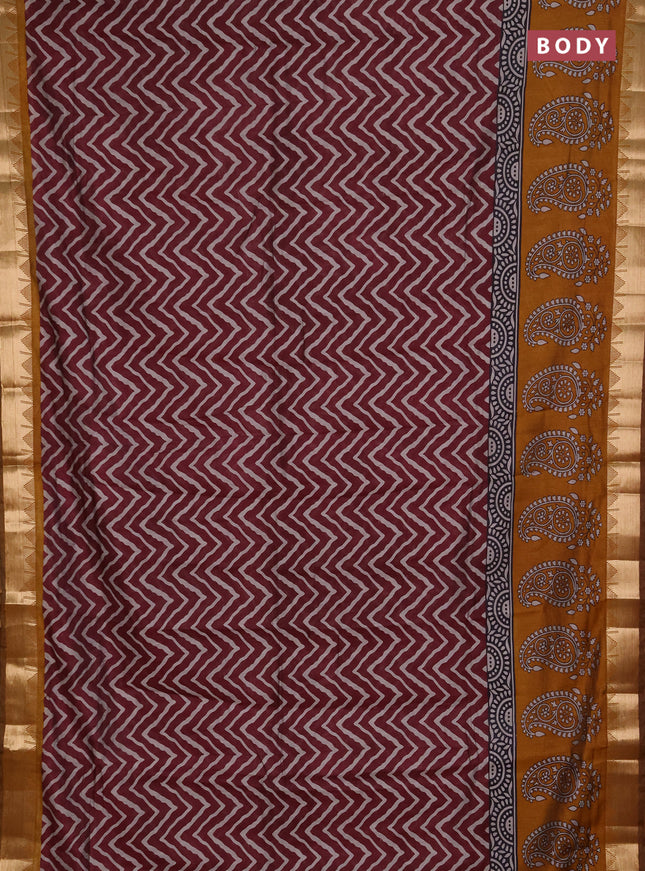 Semi maheshwari cotton saree wine shade and mustard yellow with allover zigzag prints and zari woven border