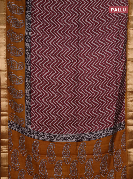 Semi maheshwari cotton saree wine shade and mustard yellow with allover zigzag prints and zari woven border