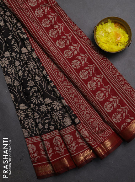 Semi maheshwari cotton saree black and maroon with allover kalamkari prints and zari woven border