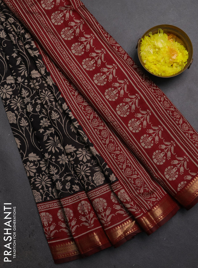 Semi maheshwari cotton saree black and maroon with allover kalamkari prints and zari woven border
