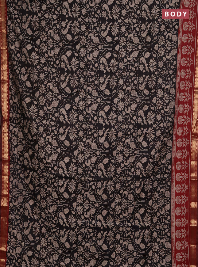 Semi maheshwari cotton saree black and maroon with allover kalamkari prints and zari woven border