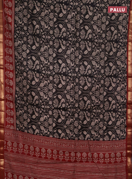 Semi maheshwari cotton saree black and maroon with allover kalamkari prints and zari woven border