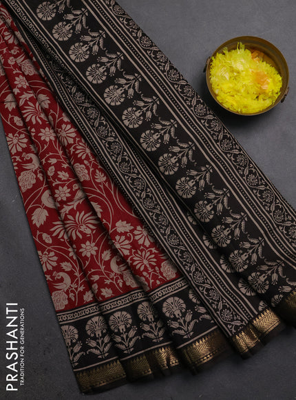 Semi maheshwari cotton saree maroon and black with allover kalamkari prints and zari woven border