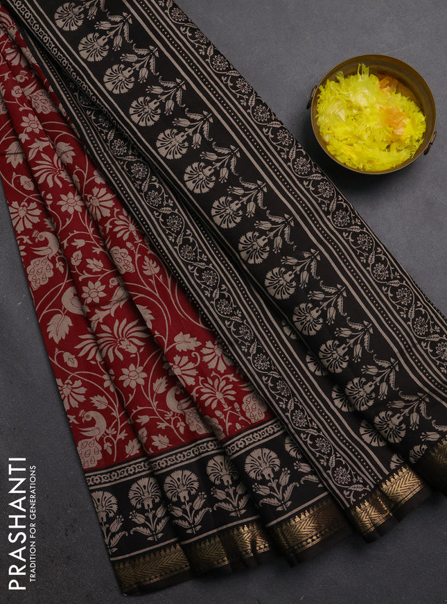 Semi maheshwari cotton saree maroon and black with allover kalamkari prints and zari woven border