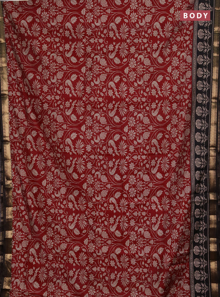 Semi maheshwari cotton saree maroon and black with allover kalamkari prints and zari woven border
