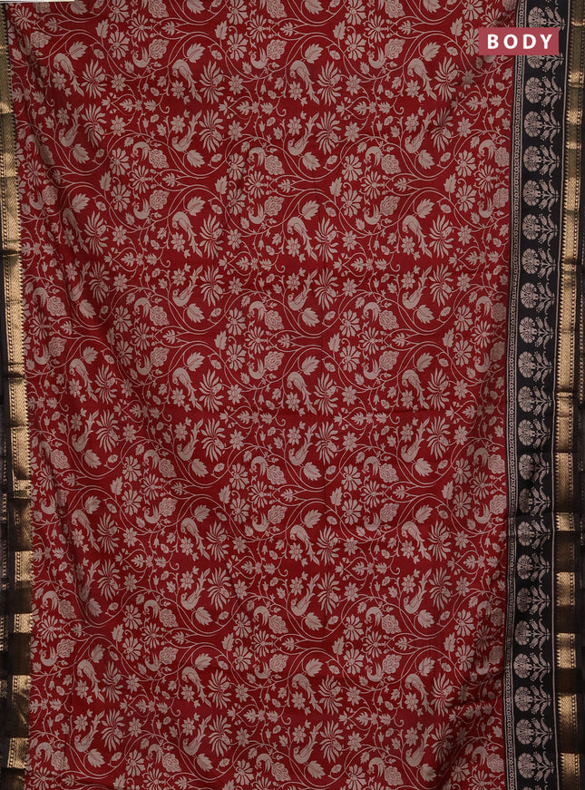 Semi maheshwari cotton saree maroon and black with allover kalamkari prints and zari woven border