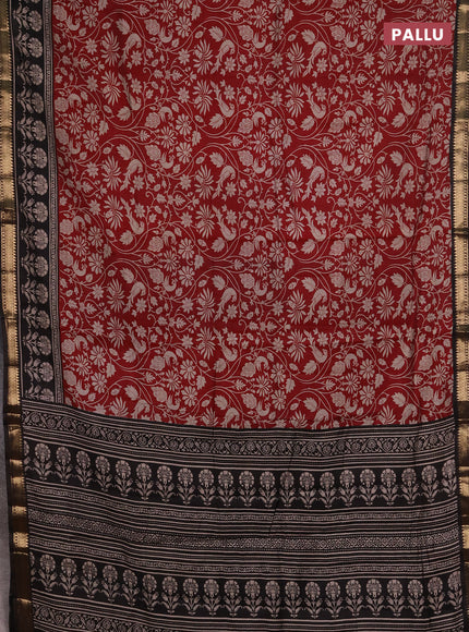 Semi maheshwari cotton saree maroon and black with allover kalamkari prints and zari woven border