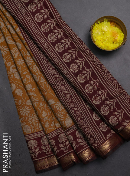 Semi maheshwari cotton saree mustard yellow and wine shade with allover kalamkari prints and zari woven border