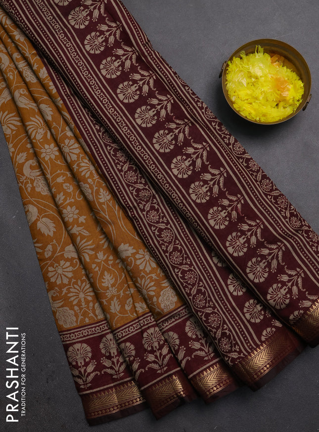 Semi maheshwari cotton saree mustard yellow and wine shade with allover kalamkari prints and zari woven border