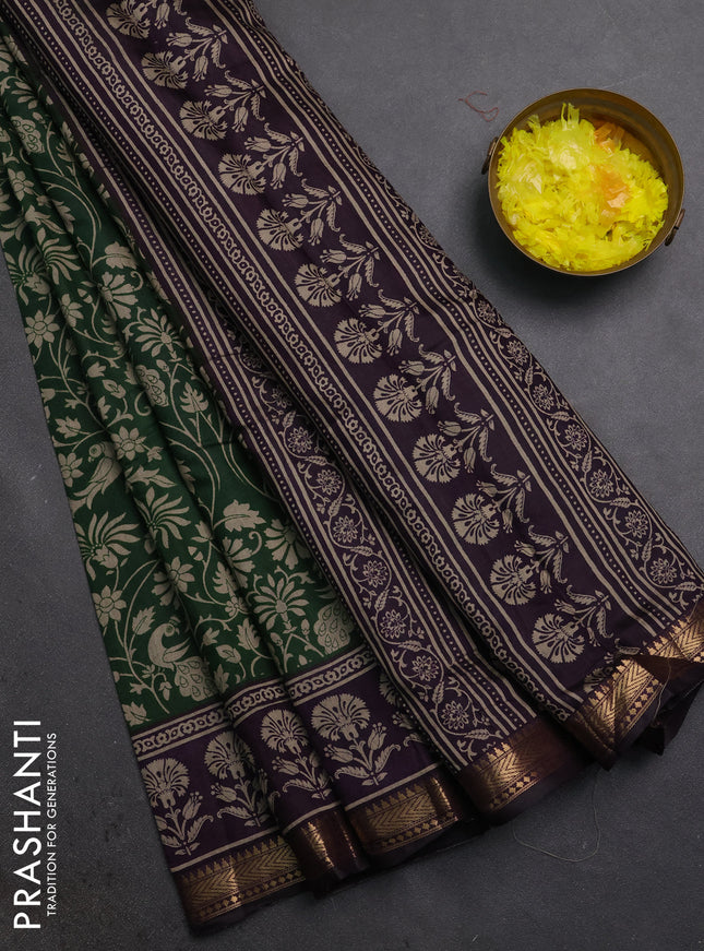 Semi maheshwari cotton saree sap green and deep purple with allover kalamkari prints and zari woven border