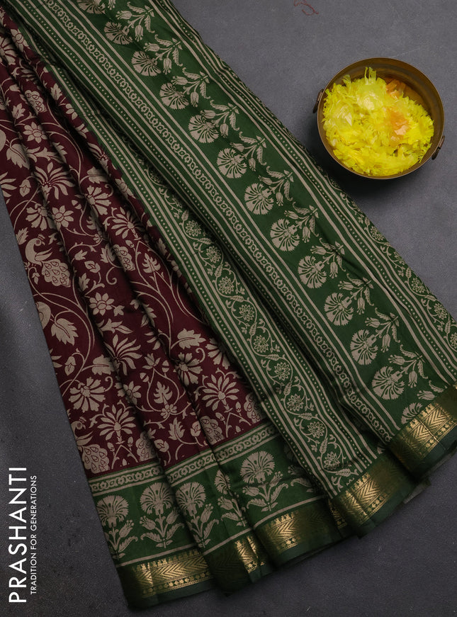 Semi maheshwari cotton saree wine shade and olive green with allover kalamkari prints and zari woven border