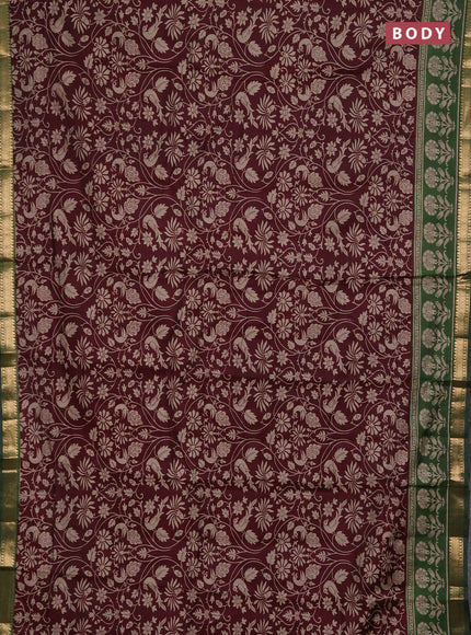 Semi maheshwari cotton saree wine shade and olive green with allover kalamkari prints and zari woven border