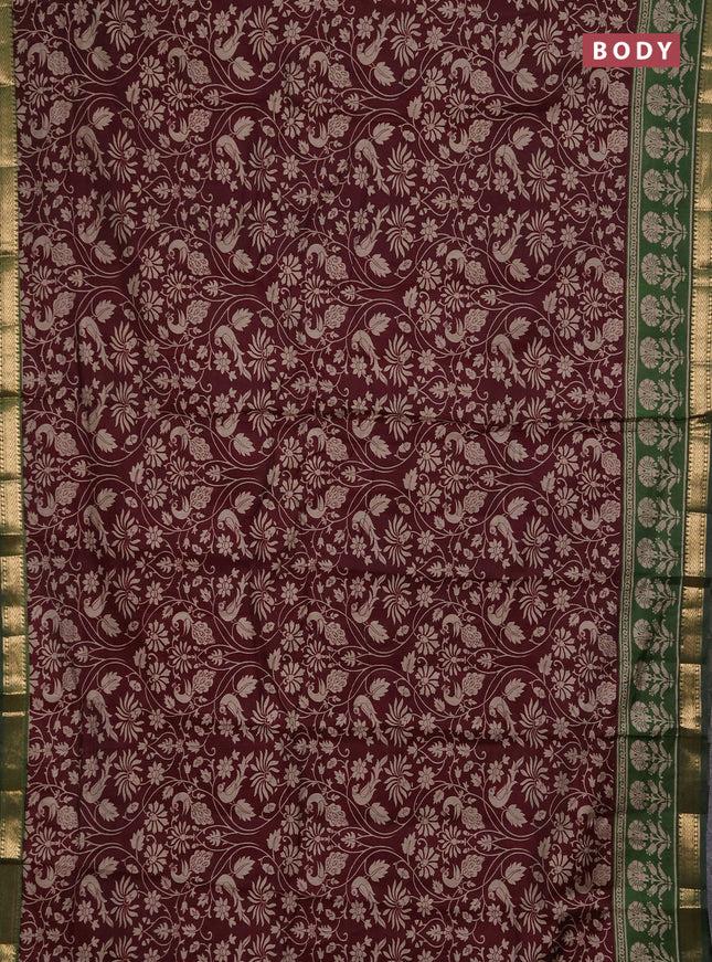 Semi maheshwari cotton saree wine shade and olive green with allover kalamkari prints and zari woven border
