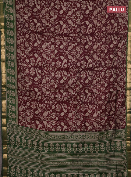 Semi maheshwari cotton saree wine shade and olive green with allover kalamkari prints and zari woven border