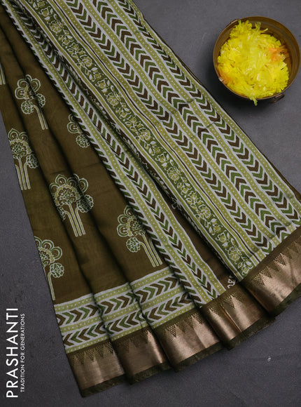 Semi maheshwari cotton saree olive green with allover floral butta prints and zari woven border