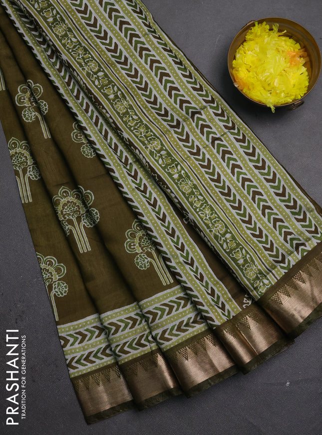 Semi maheshwari cotton saree olive green with allover floral butta prints and zari woven border