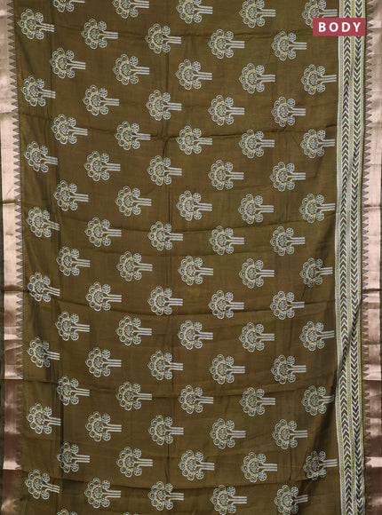 Semi maheshwari cotton saree olive green with allover floral butta prints and zari woven border