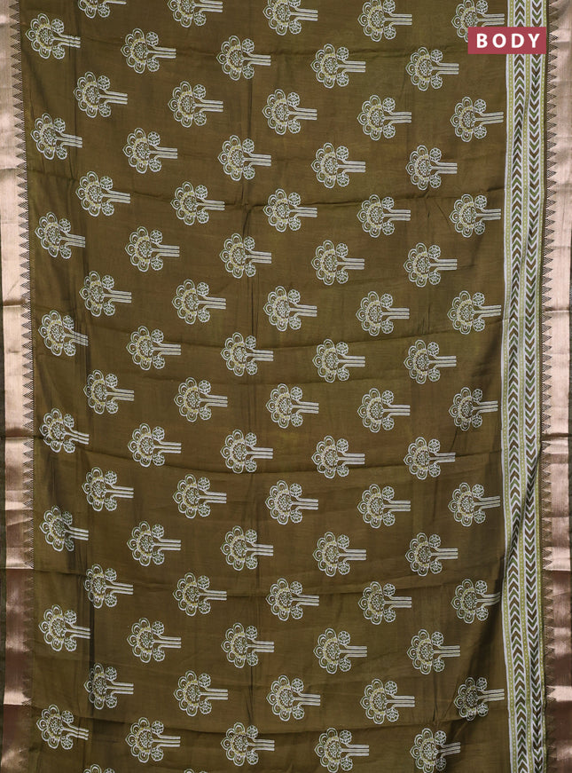 Semi maheshwari cotton saree olive green with allover floral butta prints and zari woven border