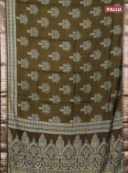 Semi maheshwari cotton saree olive green with allover floral butta prints and zari woven border