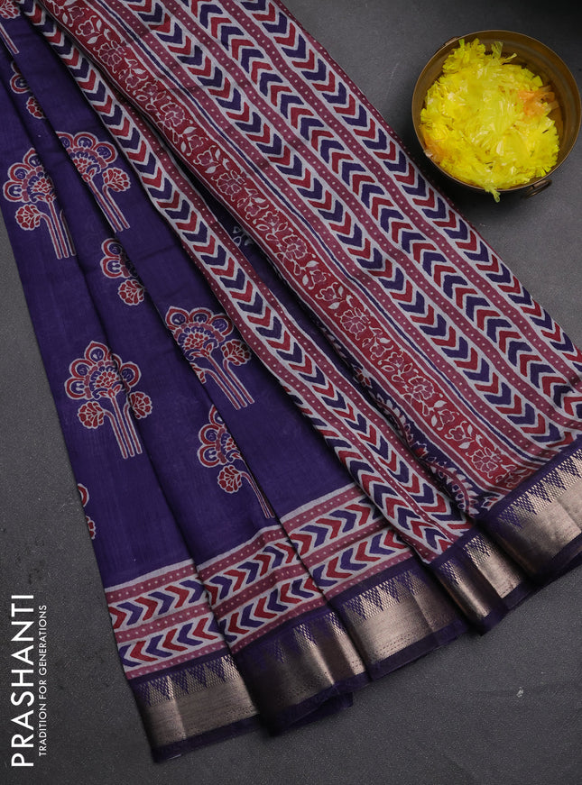 Semi maheshwari cotton saree navy blue with allover floral butta prints and zari woven border
