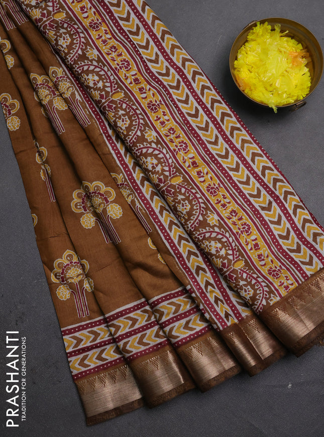 Semi maheshwari cotton saree dark mustard with allover floral butta prints and zari woven border